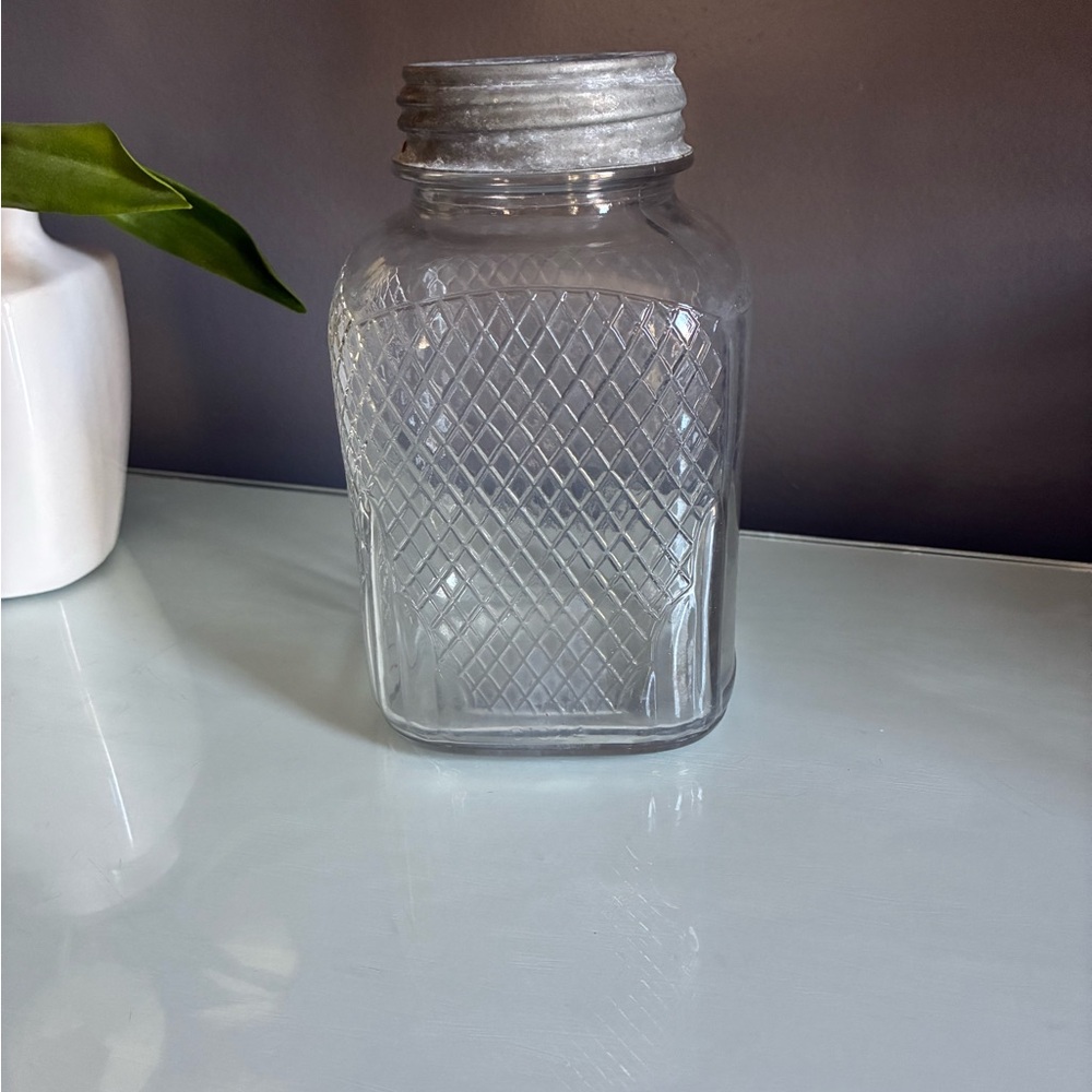 Vintage Square Clear Hoosier Glass Diamond-Pattern Glass Jar & Silver Zinc Lid - Picture 3 of 5